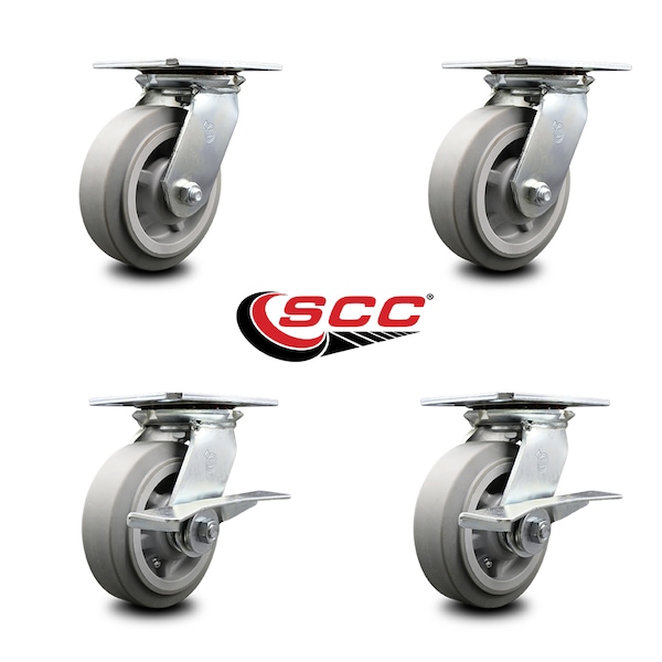 6 Inch Thermoplastic Rubber Swivel Caster Set With Ball Bearings 2 Brakes SCC
